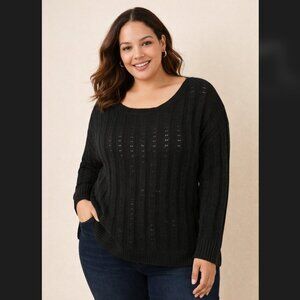 Terra & Sky Sweater 0X 14W Black Pointelle Long Sleeve Pullover Boat Neck Knit